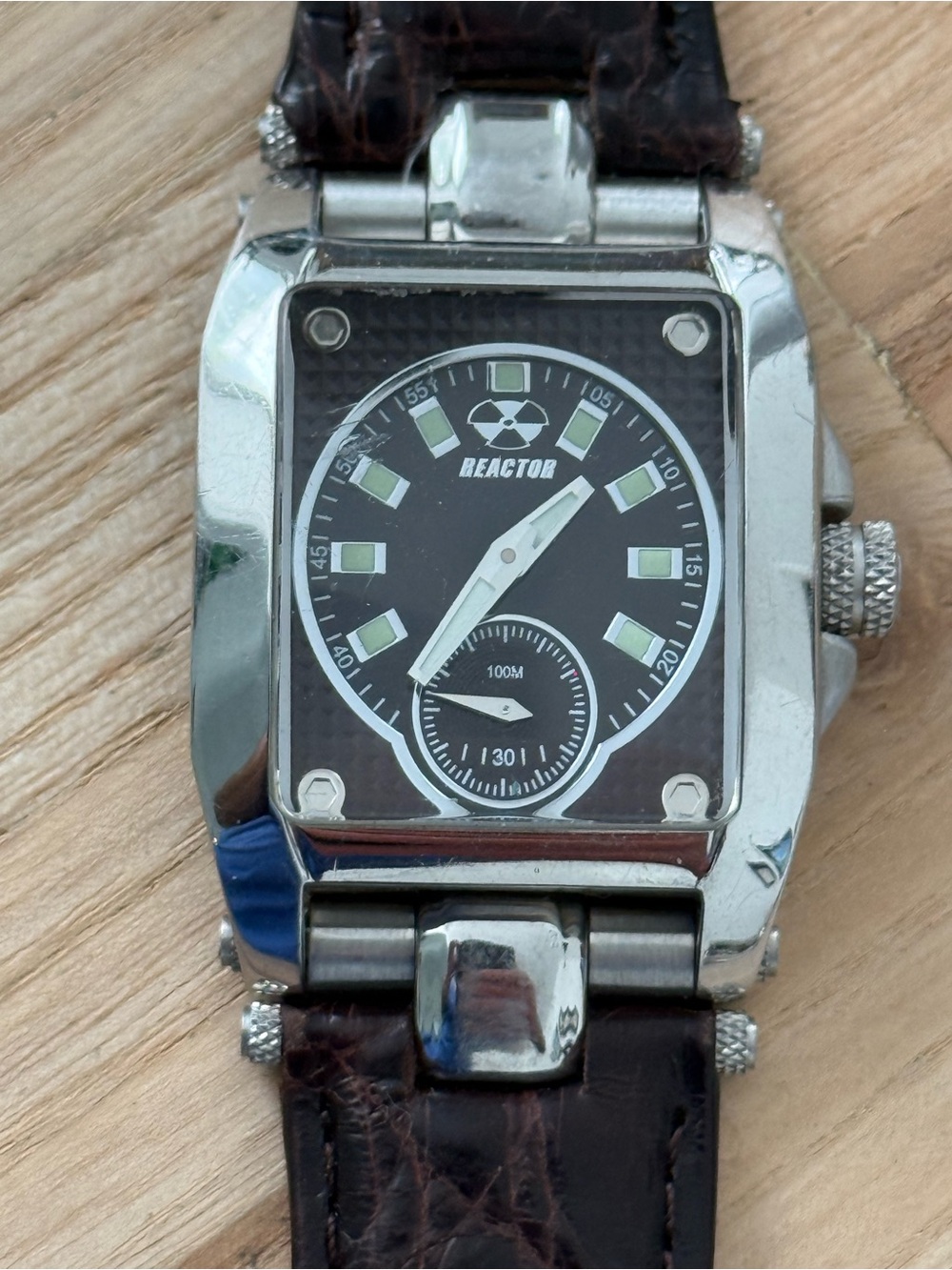 Reactor Fusion Rare Designer Watch Stainless Case Rectangular Dial Leather